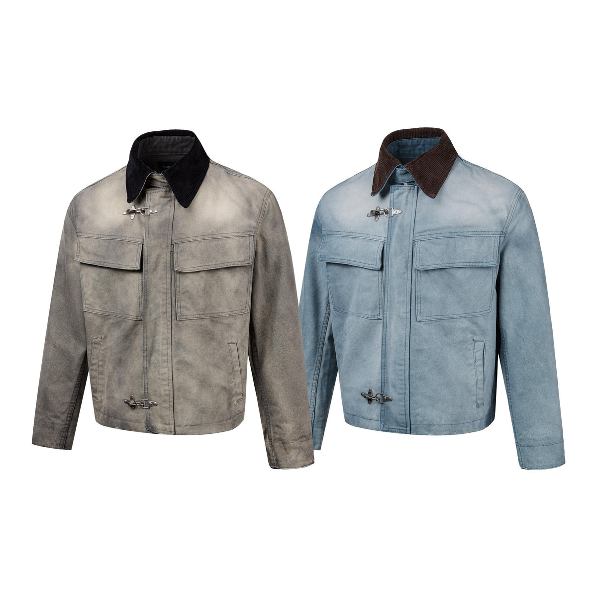 Boxy Washed Denim Workwear Jacket with Corduroy Collar & Clasp Closure