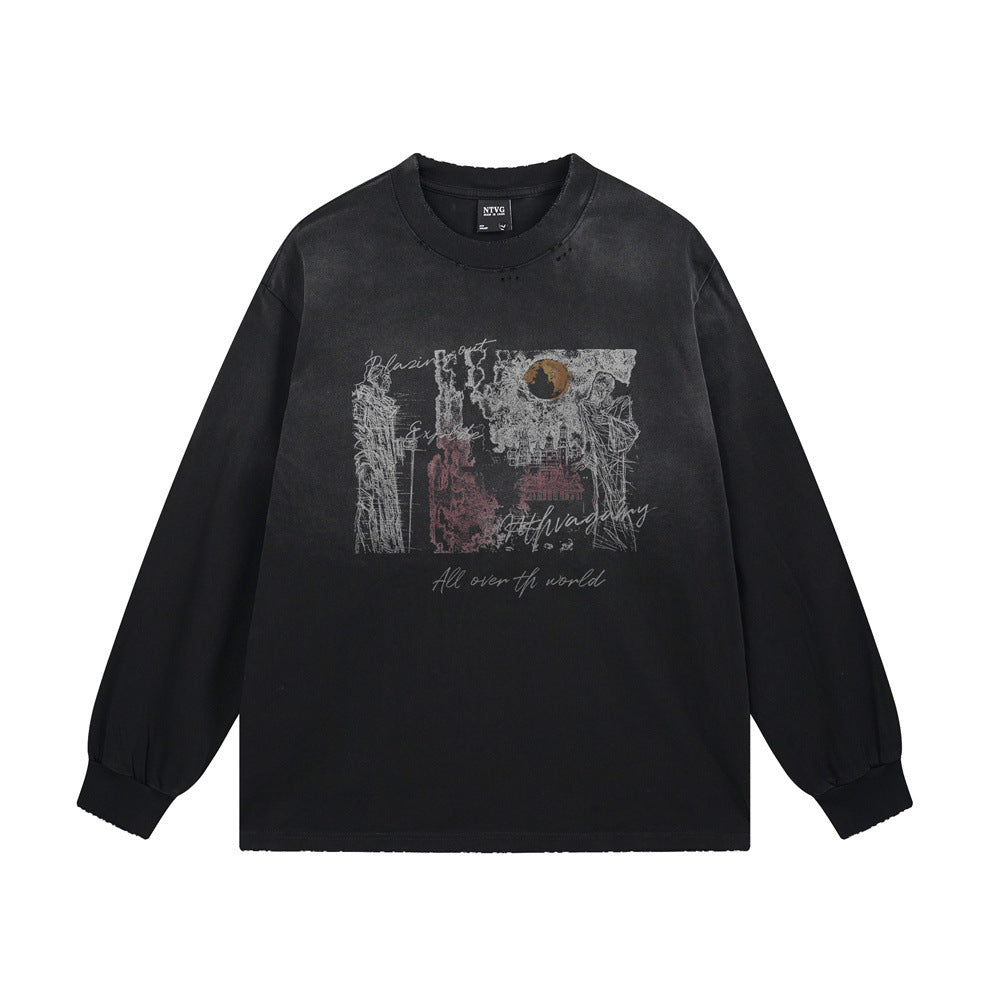 T-shirt homme manches longues graphique graffiti abstrait – Coton délavé, effet usé