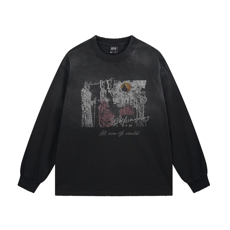 T-shirt homme manches longues graphique graffiti abstrait – Coton délavé, effet usé