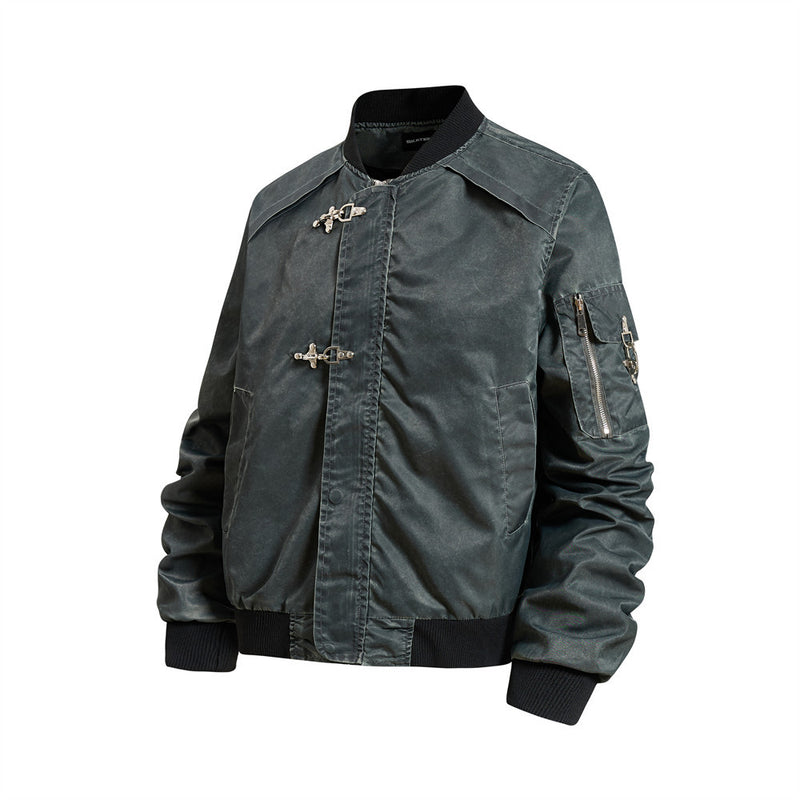 Bomber Jacket for Men – Washed Oversized Fit with Metal Clasp & Pleated Sleeves