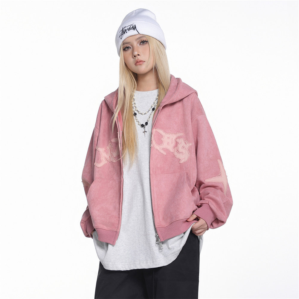 Baggy Zip Up Hoodie with Letter Appliqué — Oversized Streetwear Zip Hoodie