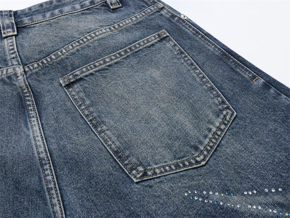 Men's Super Baggy Jeans – Rhinestone Wing Graphic Wide-Leg Denim, Washed Blue