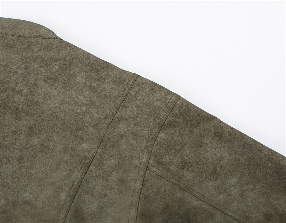 Mens Distressed Leather Jacket Oversized PU Bomber with Stand Collar — Olive