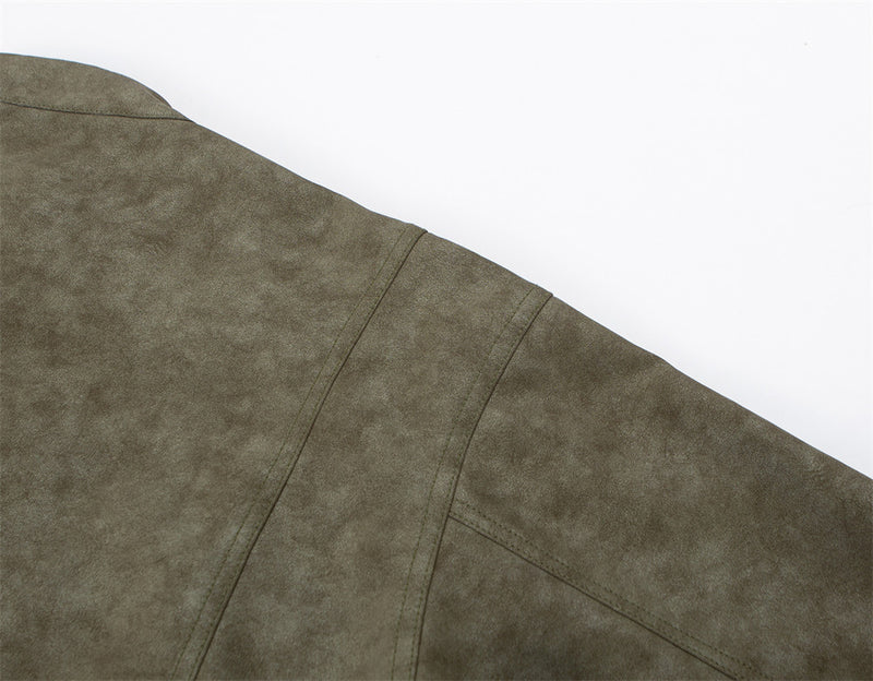 Mens Distressed Leather Jacket Oversized PU Bomber with Stand Collar — Olive