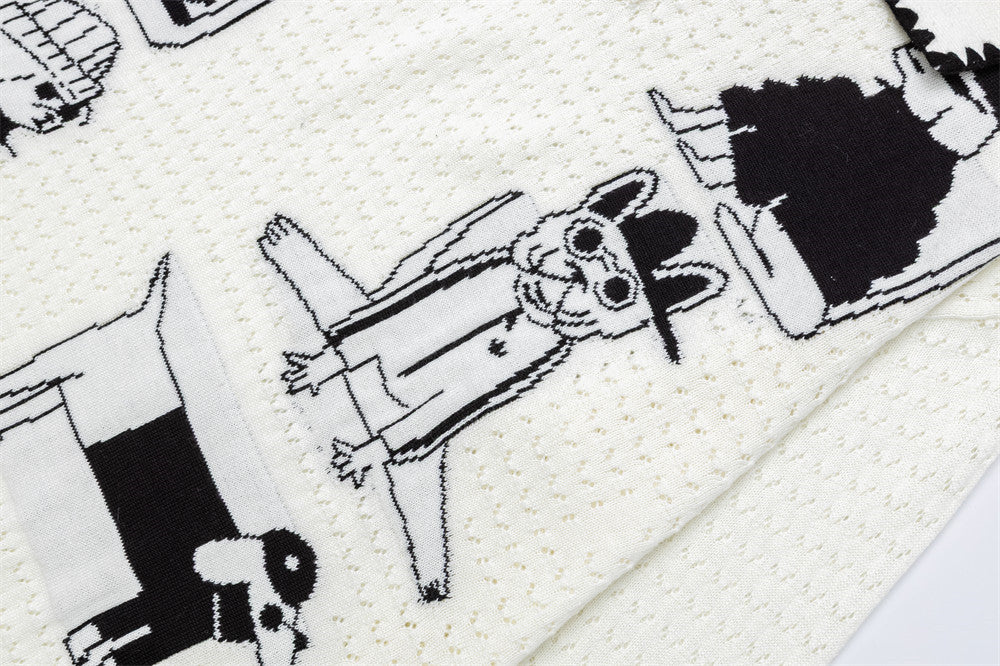 Jersey de Punto Jacquard con Perros Cartoon – Oversize, Cuello Polo y Manga Larga