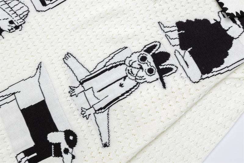 Jersey de Punto Jacquard con Perros Cartoon – Oversize, Cuello Polo y Manga Larga