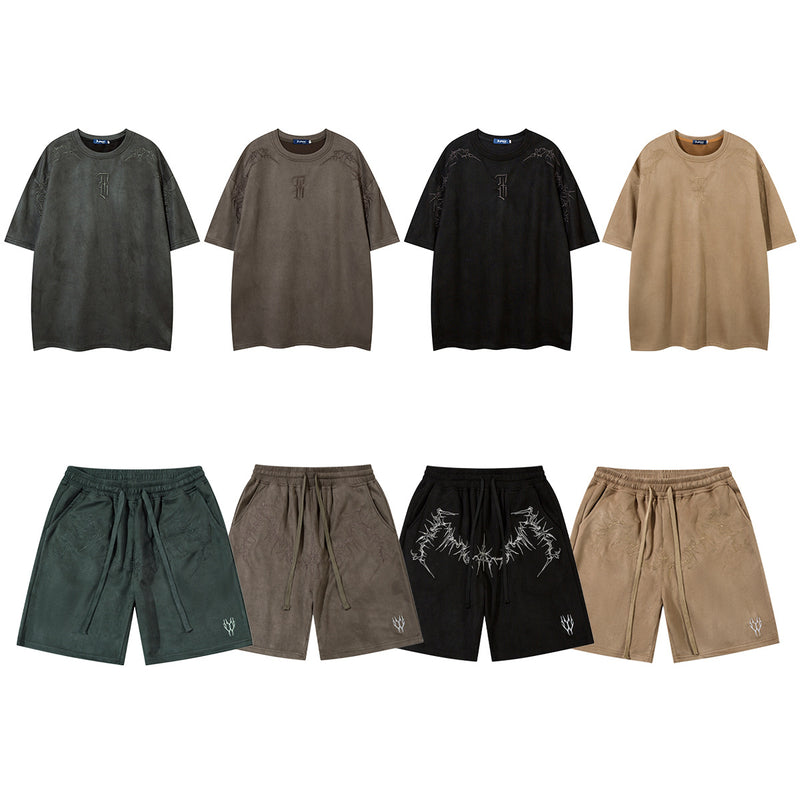 Men's Oversized Suede-Finish Thorn Embroidery Short Sleeve T-Shirt