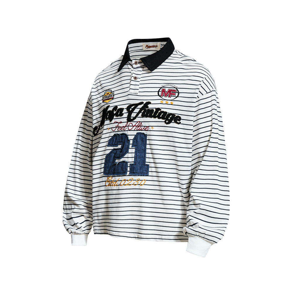 Striped Long Sleeve Shirt Mens Polo — Varsity Embroidery, Relaxed Fit