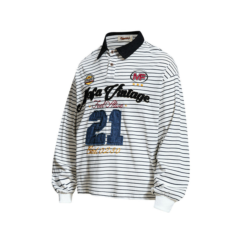 Striped Long Sleeve Shirt Mens Polo — Varsity Embroidery, Relaxed Fit