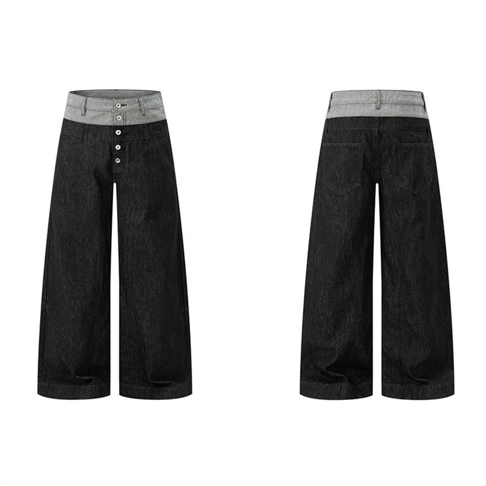 Jean homme à jambes larges – Ceinture bicolore color block et fermeture boutonnée