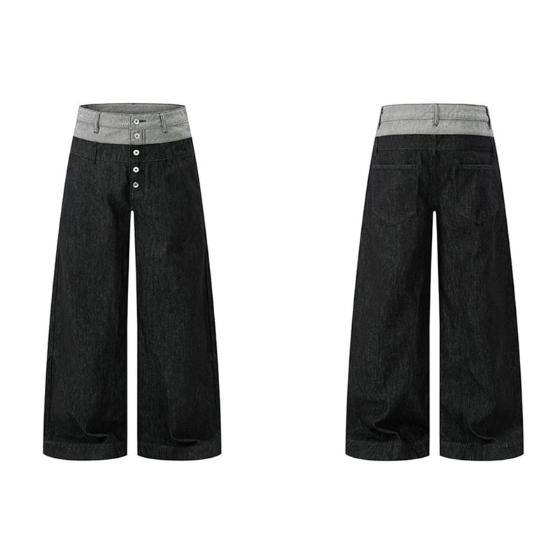 Jean homme à jambes larges – Ceinture bicolore color block et fermeture boutonnée