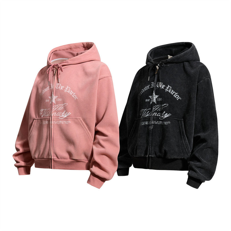 Punk Vintage Graphic Zip-Up Hoodie – Oversized Distressed Print Fleece