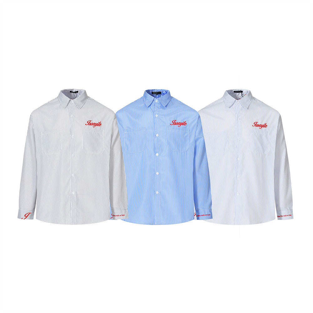 Three blue and white striped long sleeve shirts with red embroidered chest lettering