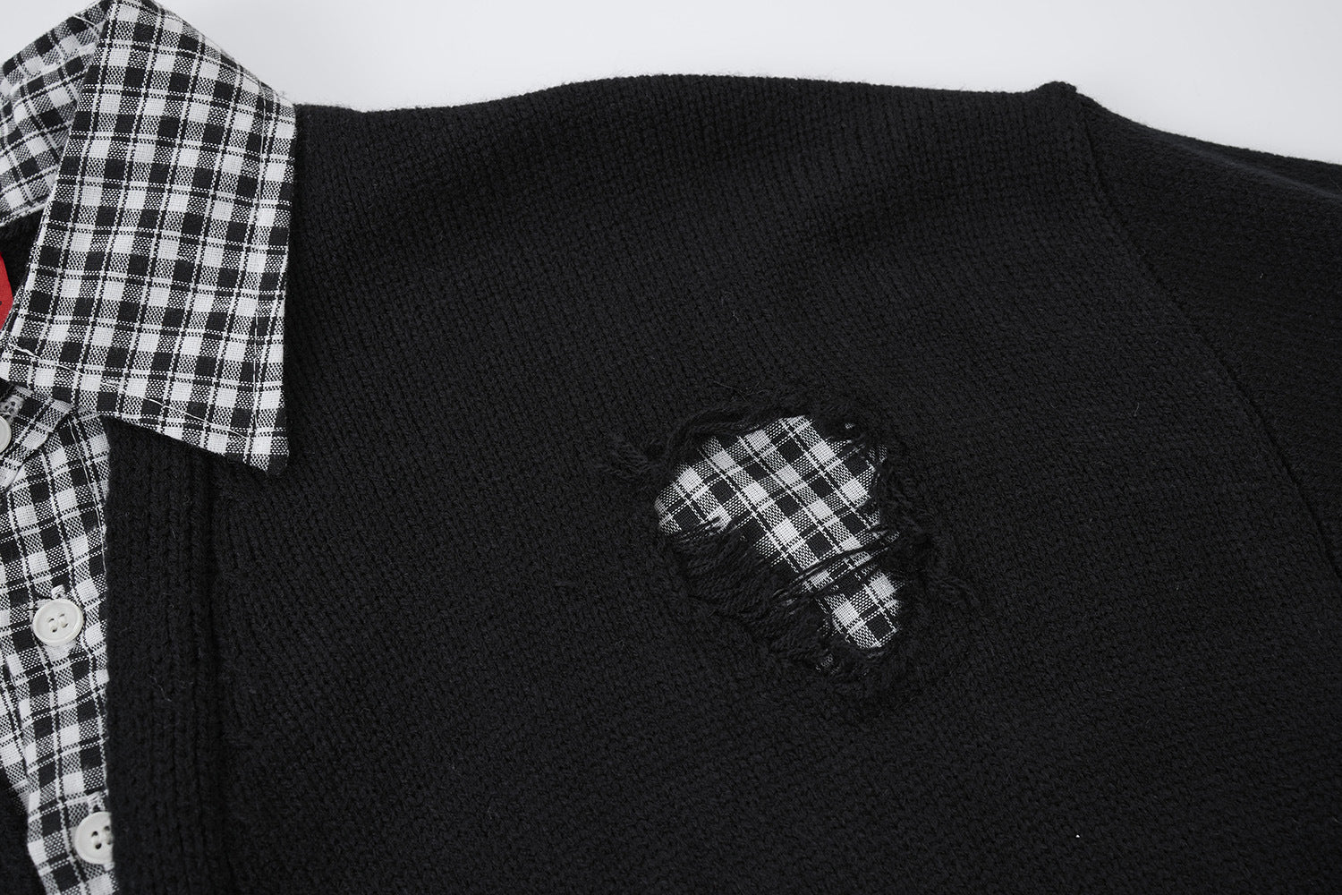 Cardigan en maille déstructurée à col tartan superposé