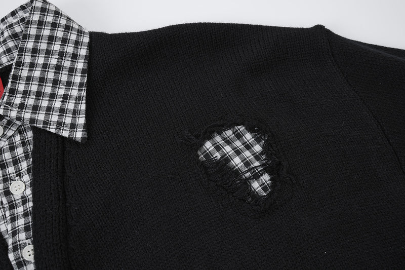 Cardigan en maille déstructurée à col tartan superposé