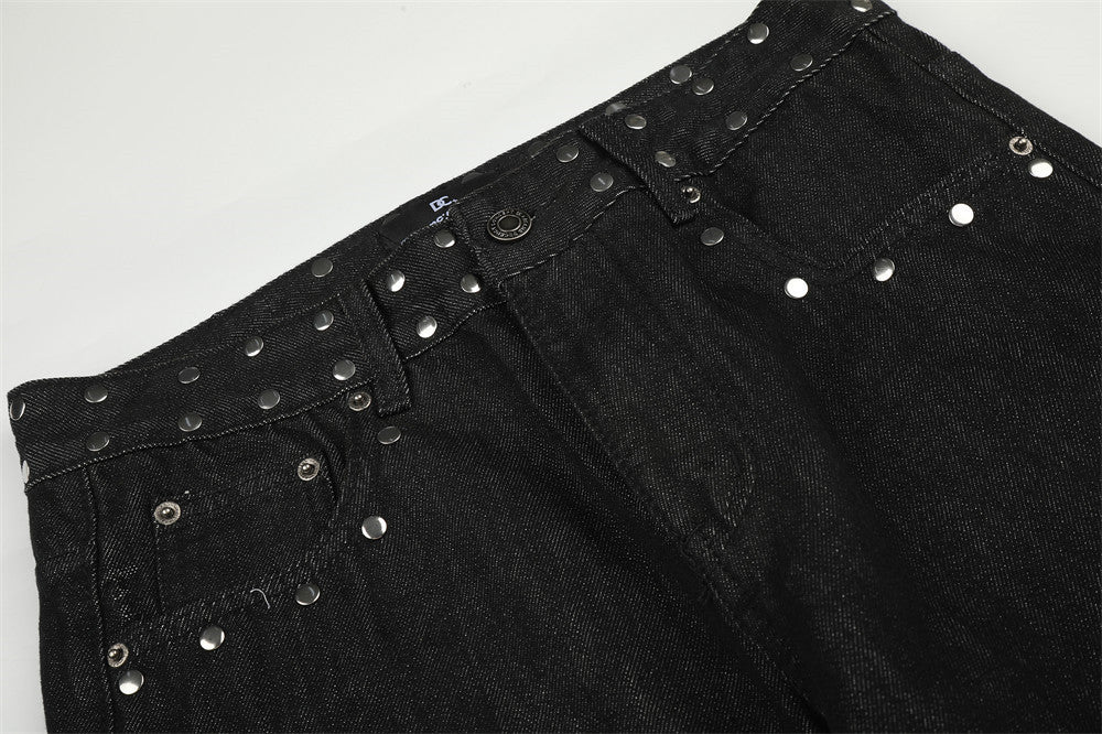 Jean bootcut noir pour homme avec rivets latéraux et patchs arrière étoile léopard