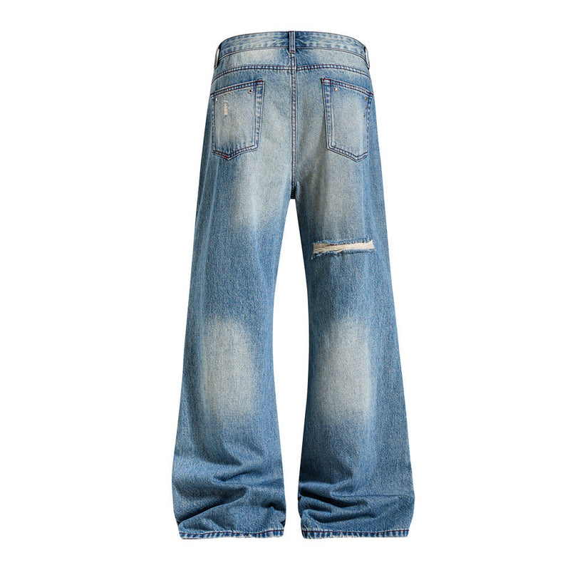 Men's Distressed Wide-Leg Flare Jeans with Stud Details – Washed Blue