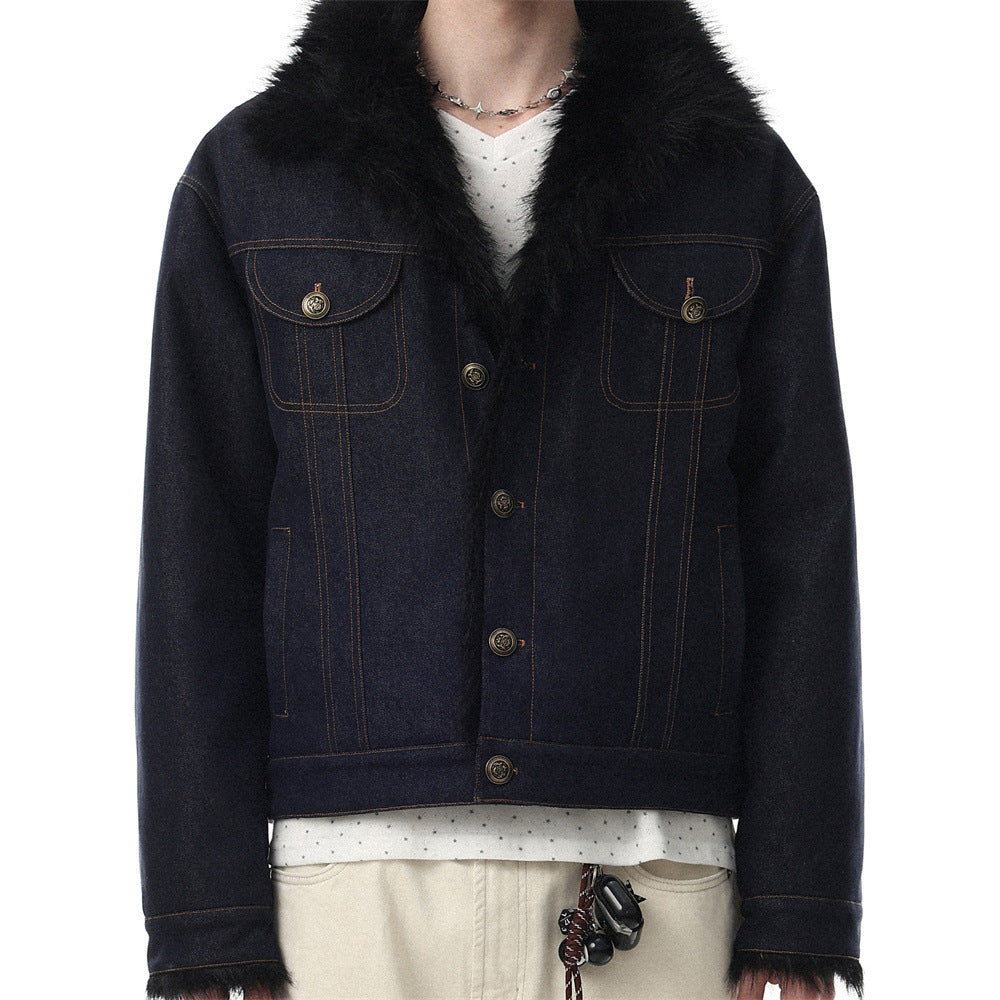 Dark Indigo Denim Jacket Men – Faux Fur Collar Sherpa-Lined Winter Trucker Coat