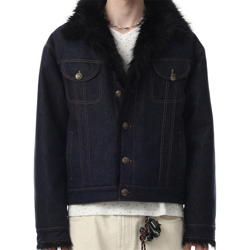 Dark Indigo Denim Jacket Men – Faux Fur Collar Sherpa-Lined Winter Trucker Coat
