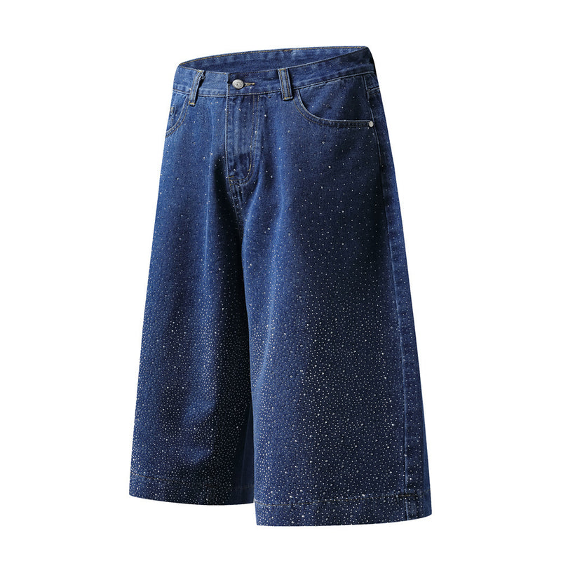 Wide-Leg Denim Shorts with Allover Rhinestone Detail – Men's Cropped Jean Shorts