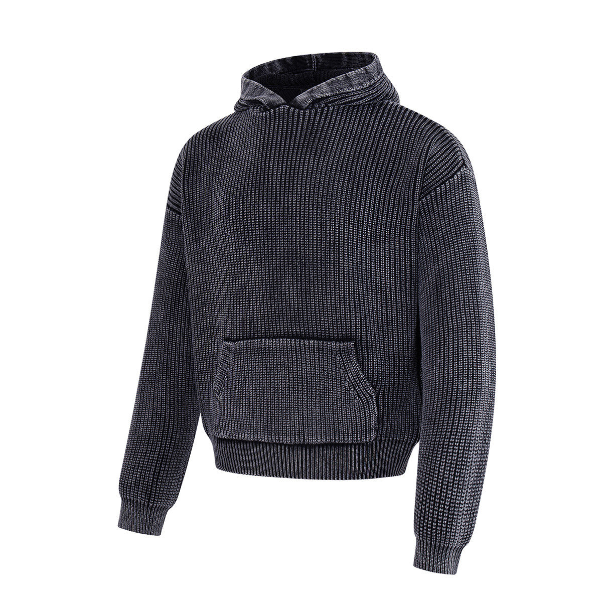 Washed Ribbed Knit Hoodie Sweater – Vintage Acid-Wash Oversized Pullover