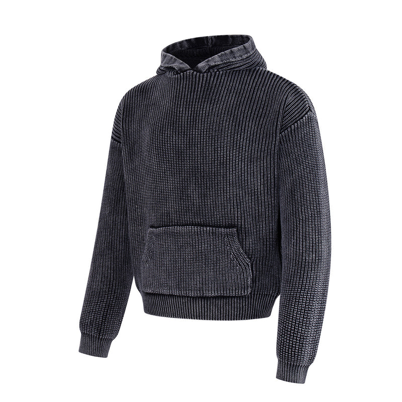 Washed Ribbed Knit Hoodie Sweater – Vintage Acid-Wash Oversized Pullover