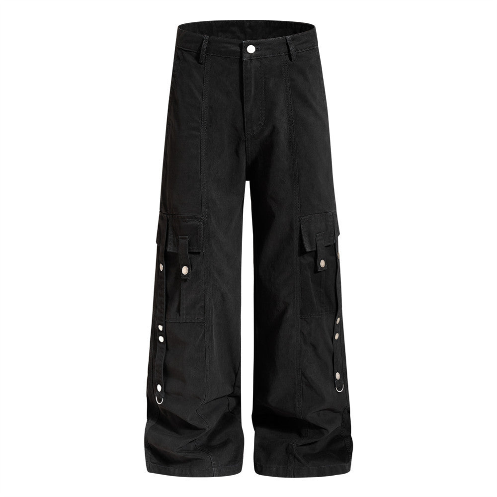 Wide-Leg Cargo Pants – Punk Streetwear Deconstructed Multi-Pocket Trousers