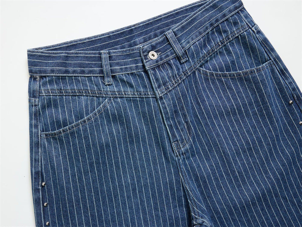 Men's Blue and White Striped Pants Wide-Leg Jeans with Rivet Side Detail