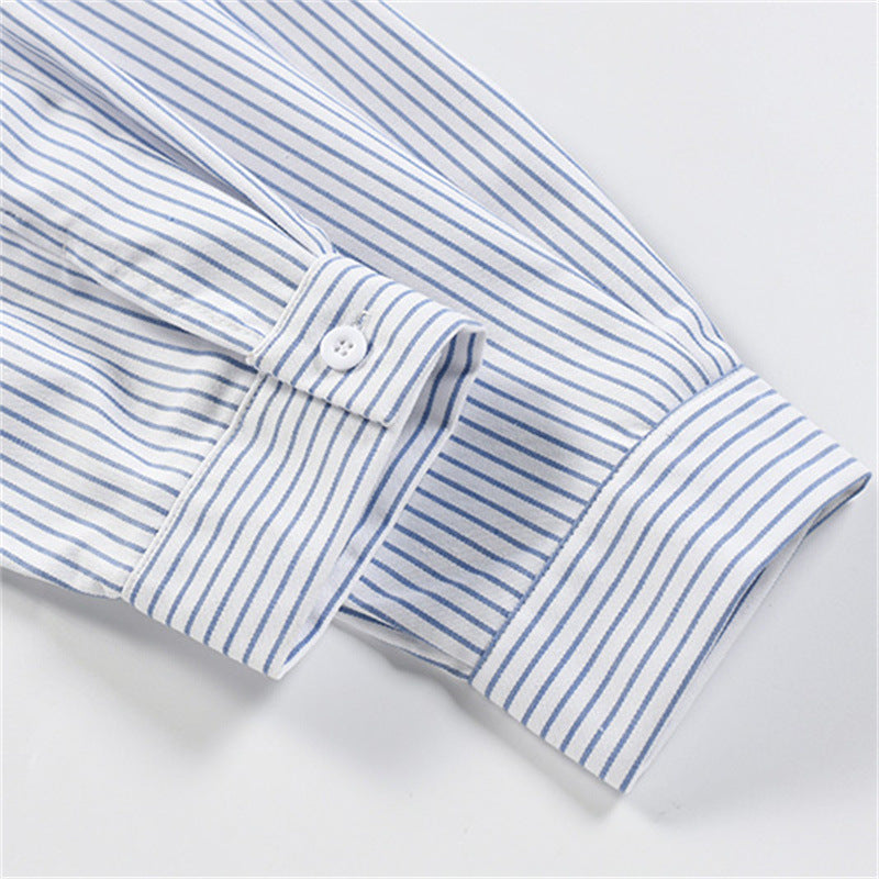 Men's Vertical Stripe Oversized Long-Sleeve Shirt with Embroidered Script