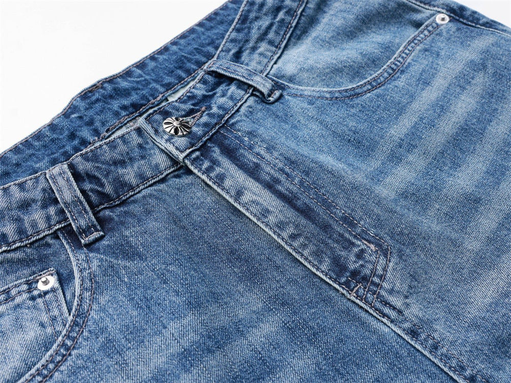 Wide-Leg Baggy Jeans – Washed Blue Curved Seam Design with Contrast Pocket