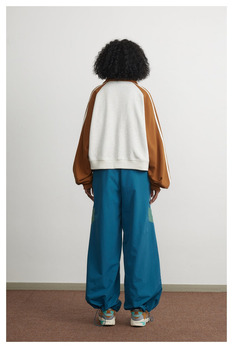 Cropped Half-Zip Sweatshirt Jacket – Colorblock Raglan with Stripe Sleeves