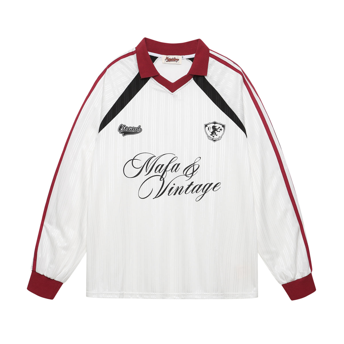 Mafa & Vintage oversized soccer jersey polo shirt in white with burgundy collar, colorblock chest panels, and rivet lettering