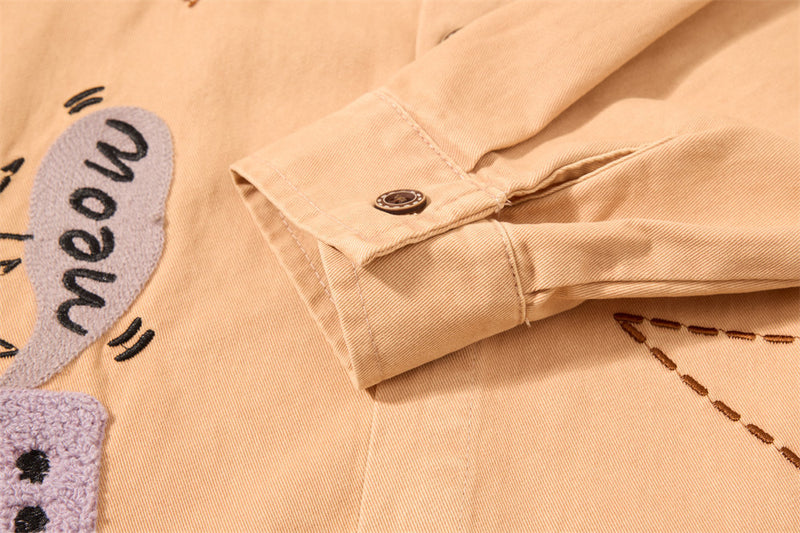Herren-Langarmshirt mit Cartoon-Katzenstickerei – lässige Passform, Kontrastkragen