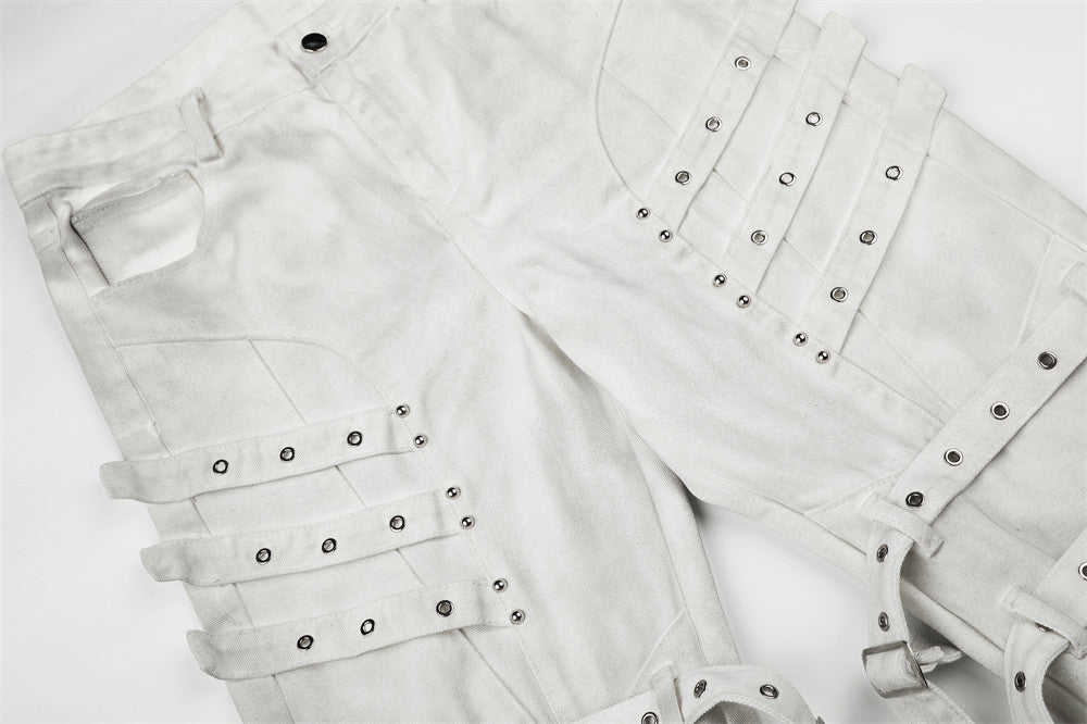 Men's Bell Bottom Jeans with Gothic Harness Straps, Metal Eyelets & Ribbon