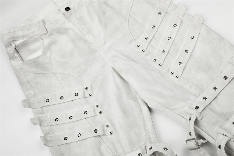Men's Bell Bottom Jeans with Gothic Harness Straps, Metal Eyelets & Ribbon