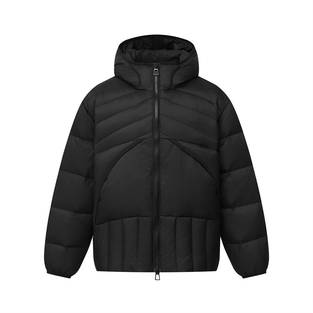 Herren-Pufferjacke mit Kapuze in Schwarz, diagonalen Steppbahnen und Zwei-Wege-Reißverschluss, Vorder- und Rückansicht