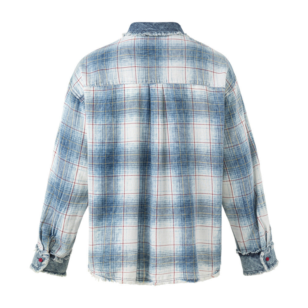 Oversized Washed Plaid Long Sleeve Shirt with Denim Patch Detail
