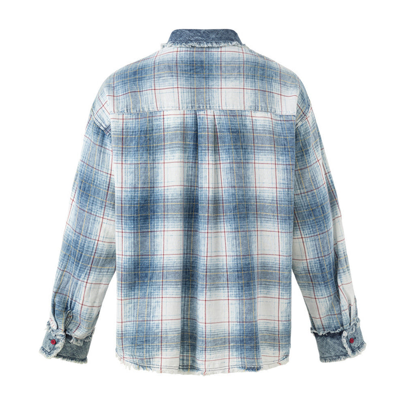 Oversized Washed Plaid Long Sleeve Shirt with Denim Patch Detail