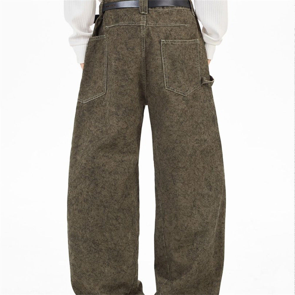 Barrel Leg Carpenter Jeans – Acid Wash Khaki Green Wide Leg Denim