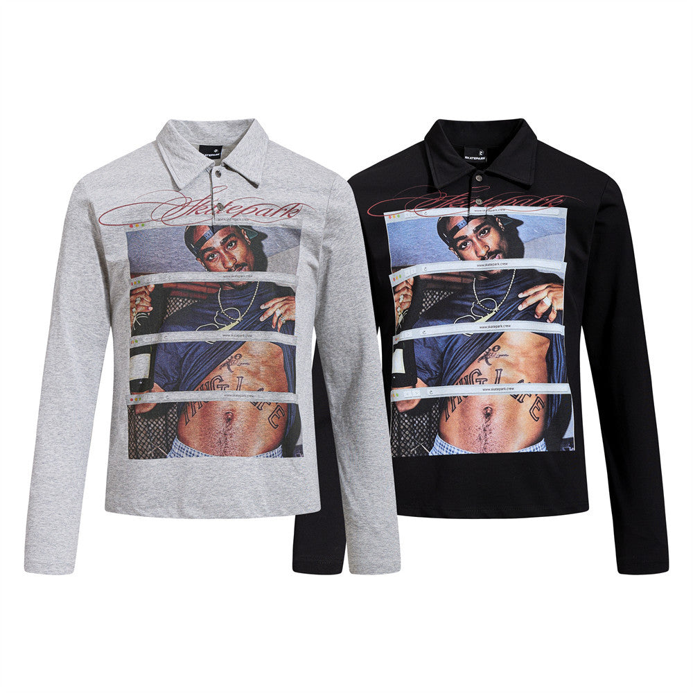 Men's Graphic Print Long Sleeve Polo Shirt – Hip-Hop Street Style
