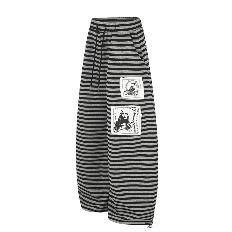 Gestreifte Wide-Leg-Hose mit Motiv-Patches – Relaxed-Fit-Hose mit Kordelzug