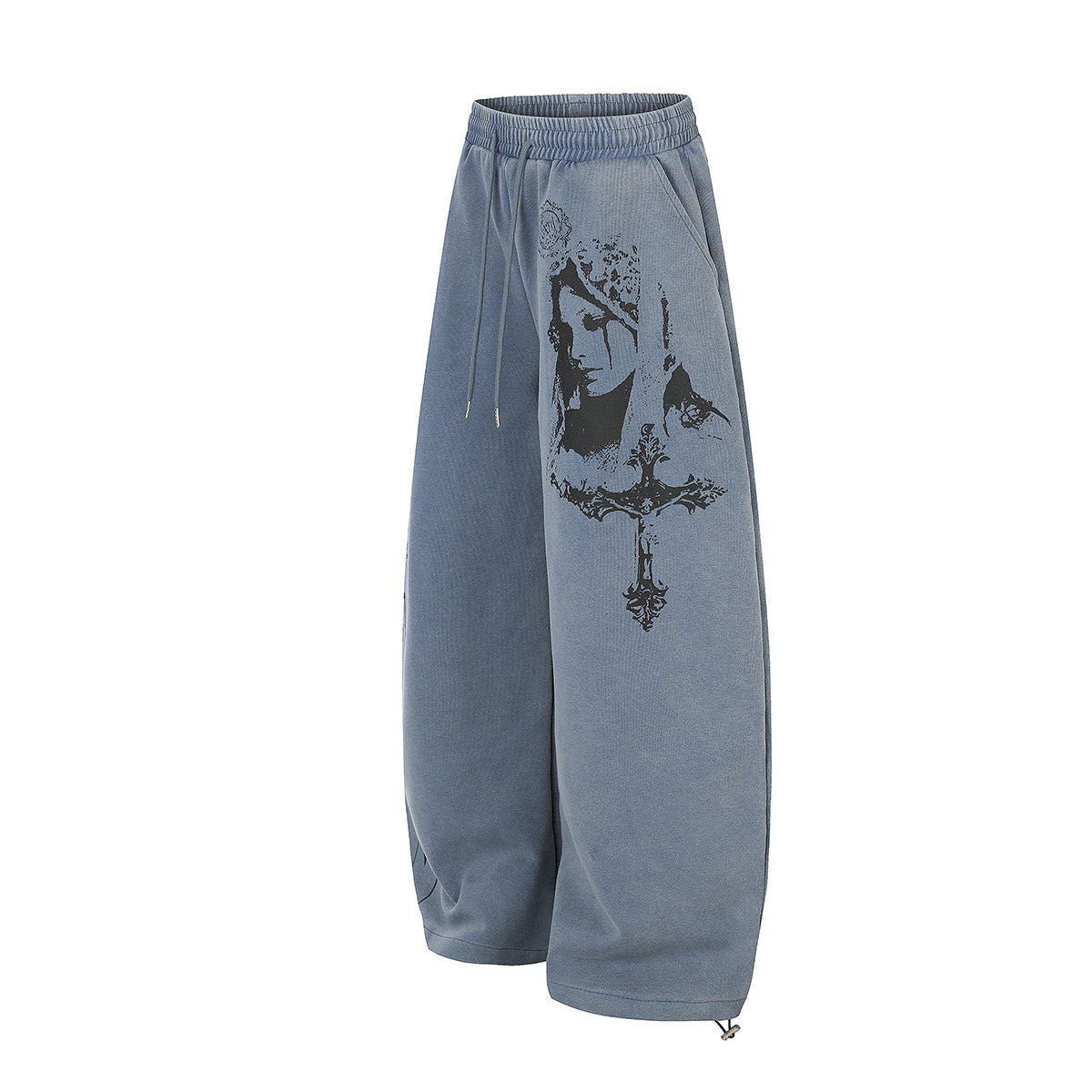 Pantalon de survêtement baggy wide leg avec imprimé gothique Madonna et typographie – Streetwear délavé