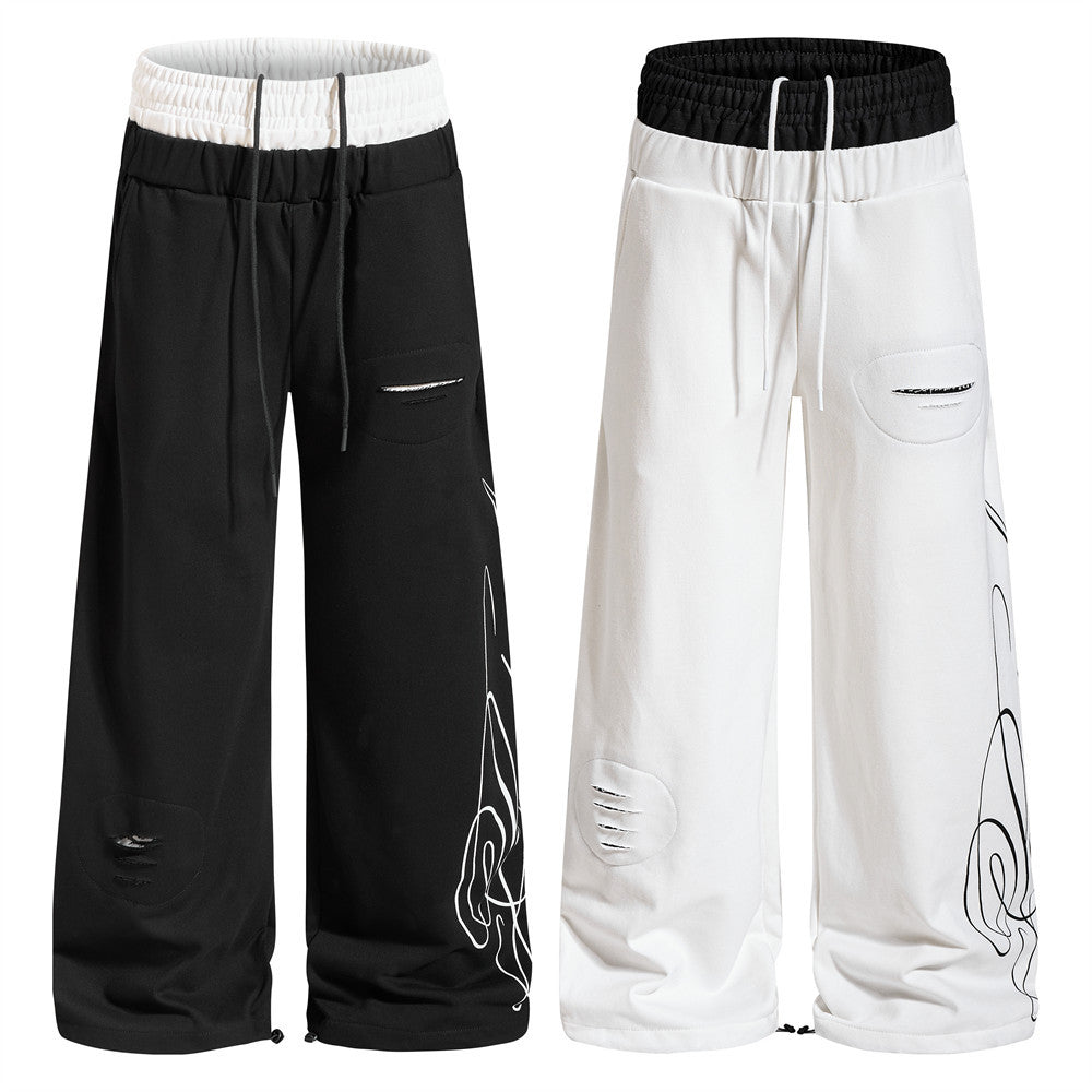 Wide-Leg Sweatpants with Contrast Double Waistband, Distressed Detail & Graphic