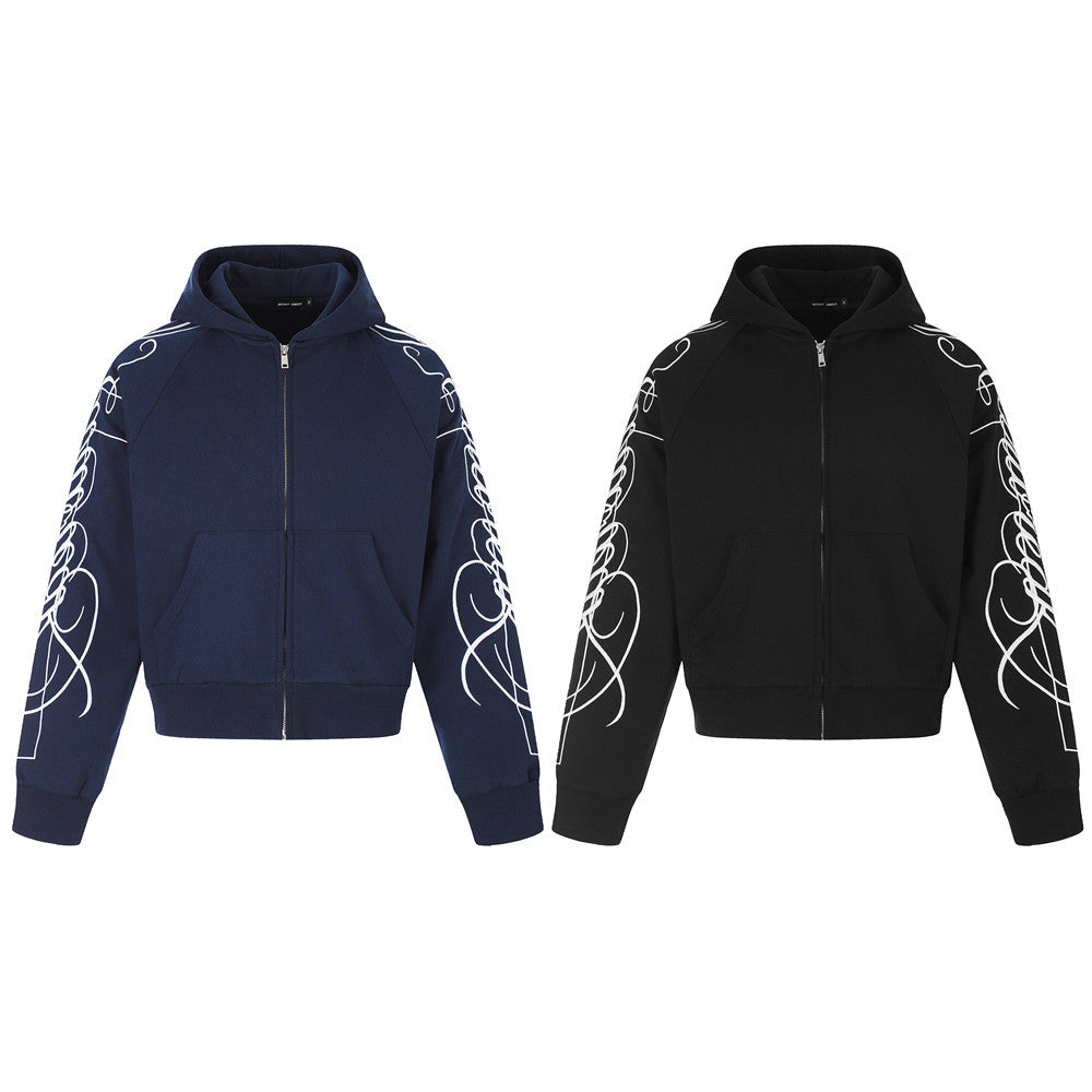 Hoodie zippé à motif script – Cardigan streetwear imprimé sur les manches