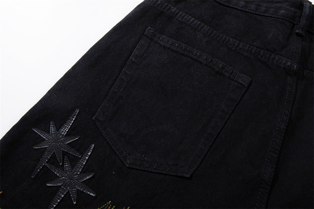 Wide-Leg Jeans with Chaotic Needle Embroidery & Star Patches