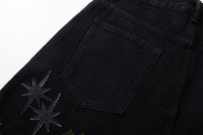 Wide-Leg Jeans with Chaotic Needle Embroidery & Star Patches