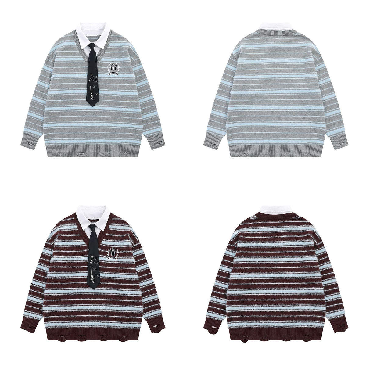 Striped Knit Sweater with Layered Shirt Collar and Tie Detail, Preppy Academy