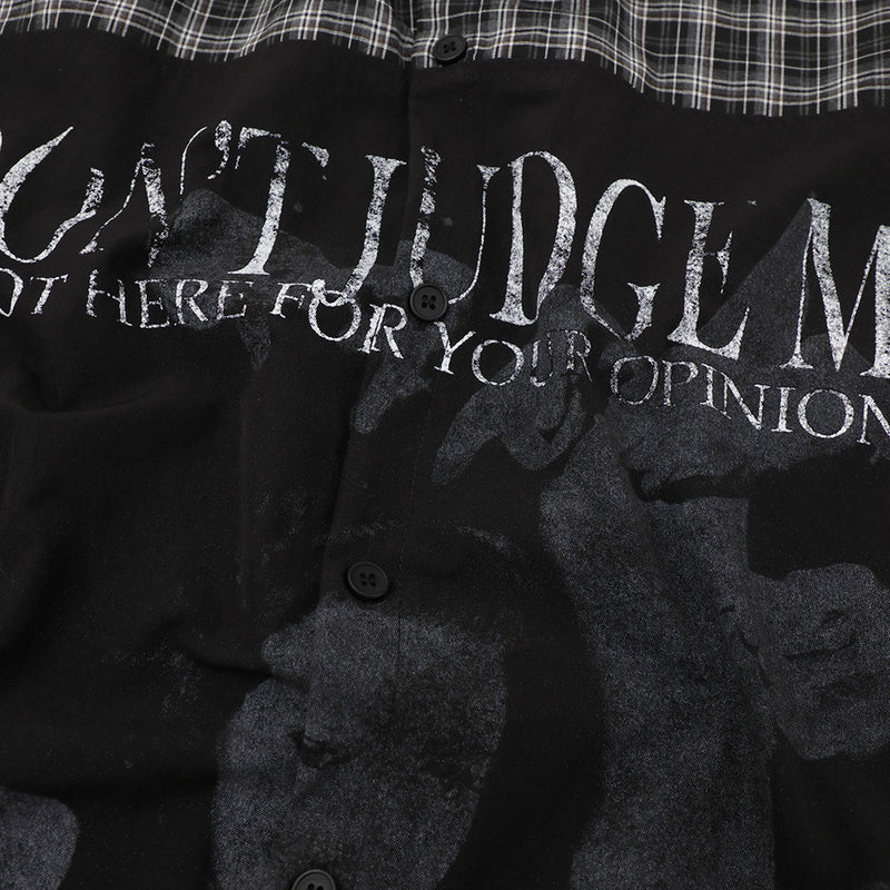 Don't Judge Me Graphic Patchwork Plaid Short Sleeve Shirt