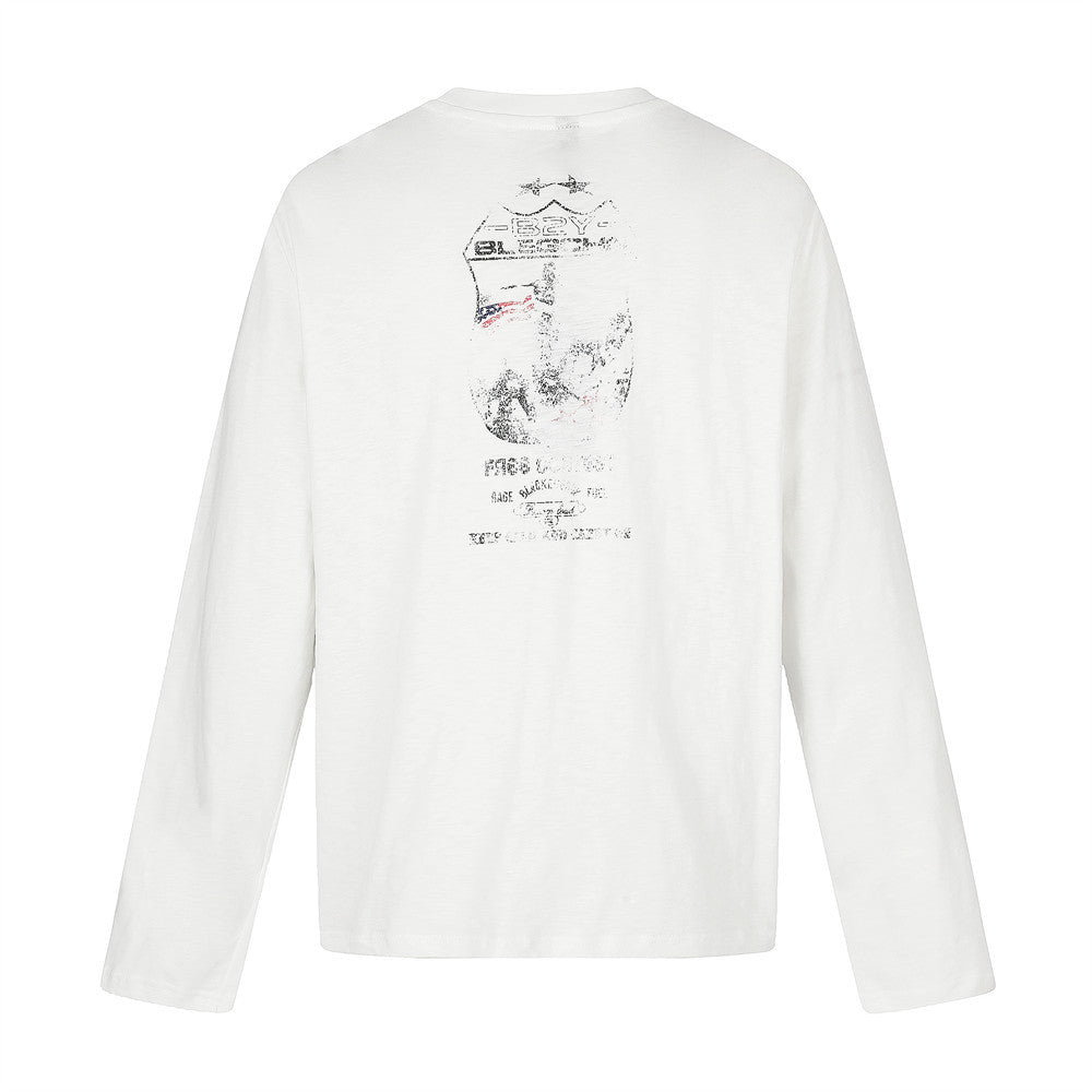 Back view of white long sleeve tee with faded badge graphic near the neck