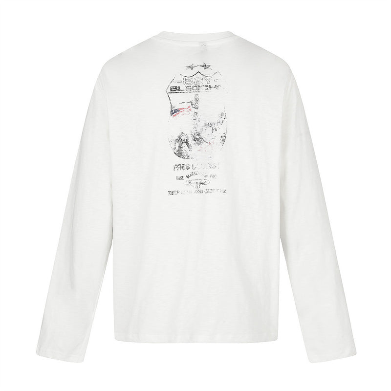 Back view of white long sleeve tee with faded badge graphic near the neck